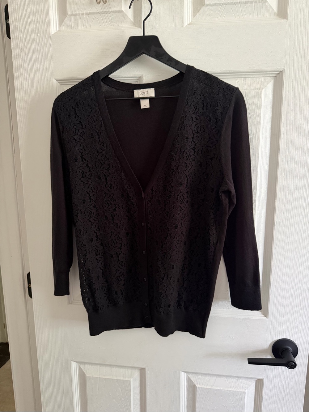 LOFT Black Lace-Front V-Neck Cardigan